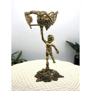 Vintage Gold Brass Cherub Candle Holder With Grapevine Design
